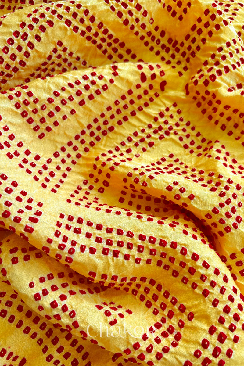 Chakor Yellow Red Traditional Bandhani Gaji Silk  Saree.