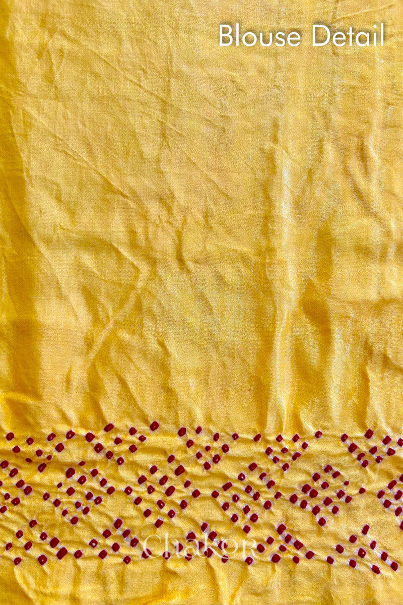 Chakor Yellow Red Traditional Bandhani Gaji Silk  Saree  Unstitched Blouse Detail