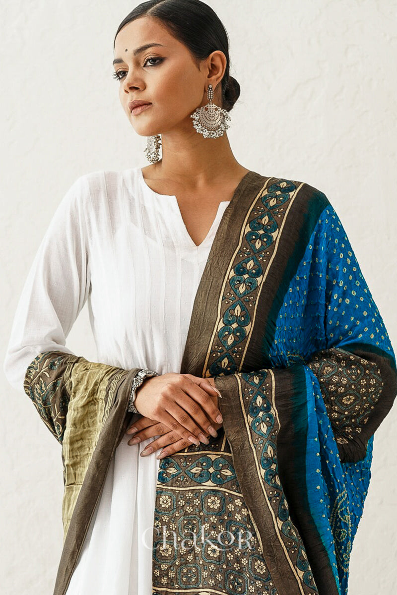 Peacock Taupe Bandhani Ajrakh Gaji Silk Dupatta in Traditional Design for Women's ethnicwear online by Chakor.