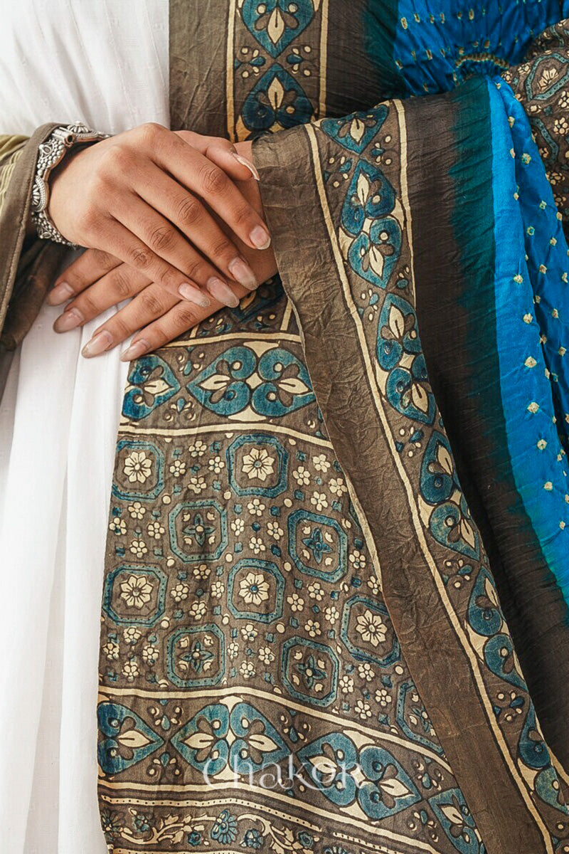 Peacock Taupe Bandhani Ajrakh Gaji Silk Dupatta in Traditional Design for Women's ethnicwear online by Chakor.