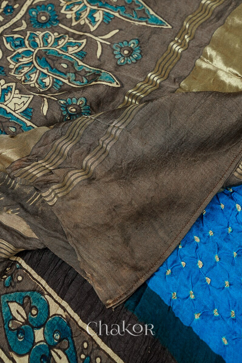 Peacock Taupe Bandhani Ajrakh Gaji Silk Dupatta in Traditional Design for Women's ethnicwear online by Chakor.