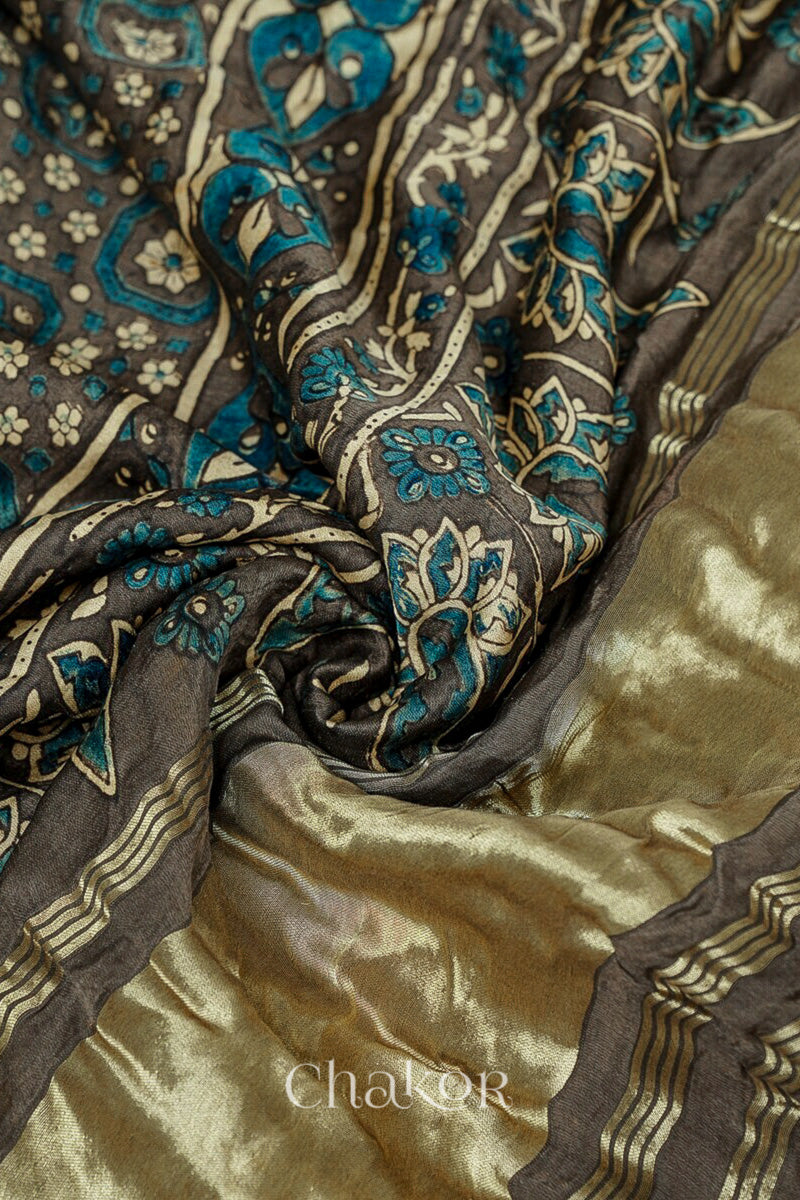 Peacock Taupe Bandhani Ajrakh Gaji Silk Dupatta in Traditional Design for Women's ethnicwear online by Chakor.