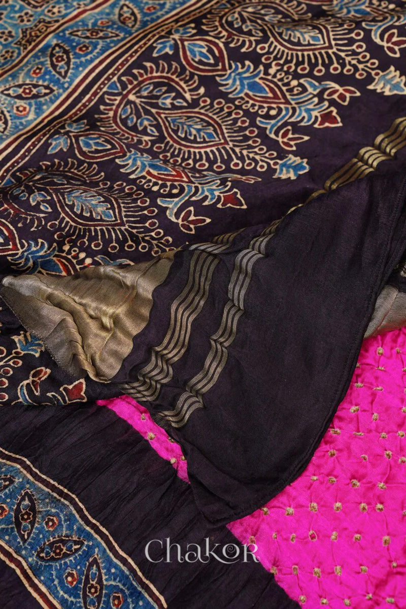 Pink Black Bandhani Ajrakh Gaji Silk Dupatta in Traditional Design for Women's ethnicwear online by Chakor.