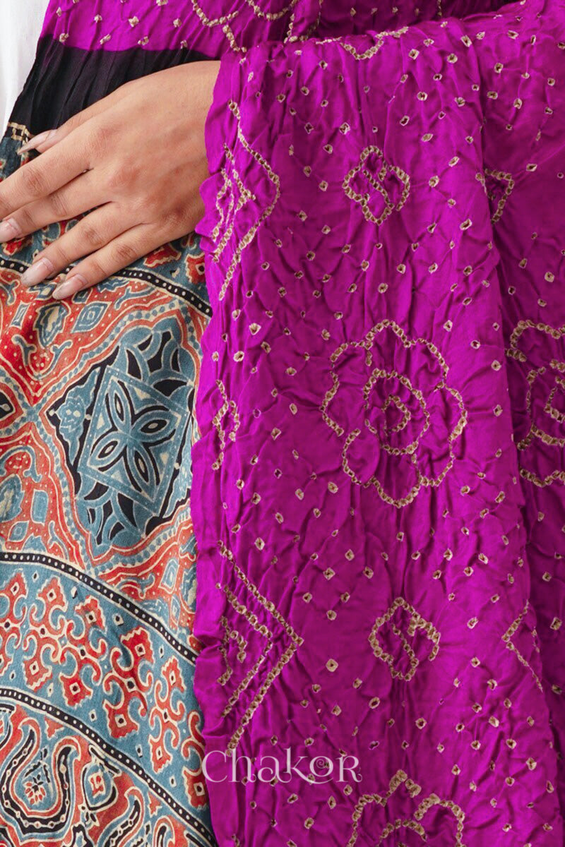 Magenta Indigo Bandhani Ajrakh Gaji Silk Dupatta in Traditional Design for Women's ethnicwear online by Chakor.