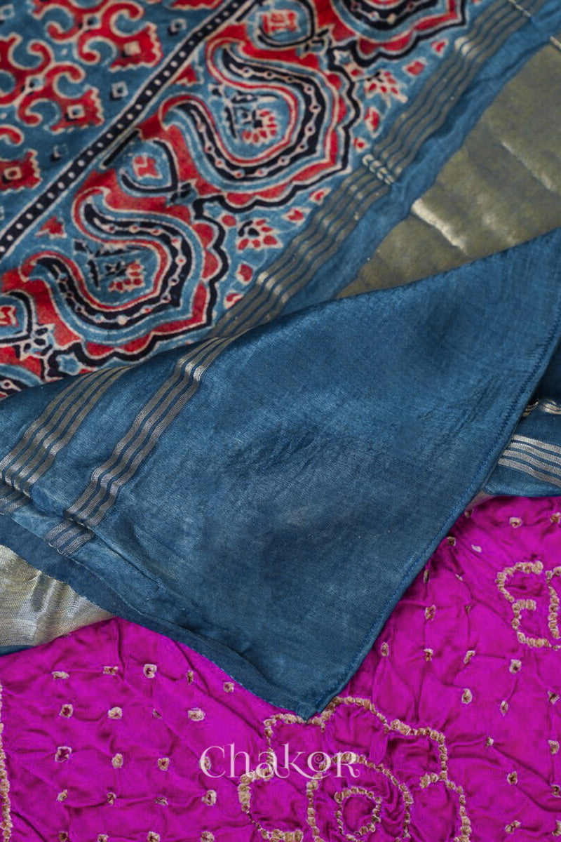 Magenta Indigo Bandhani Ajrakh Gaji Silk Dupatta in Traditional Design for Women's ethnicwear online by Chakor.