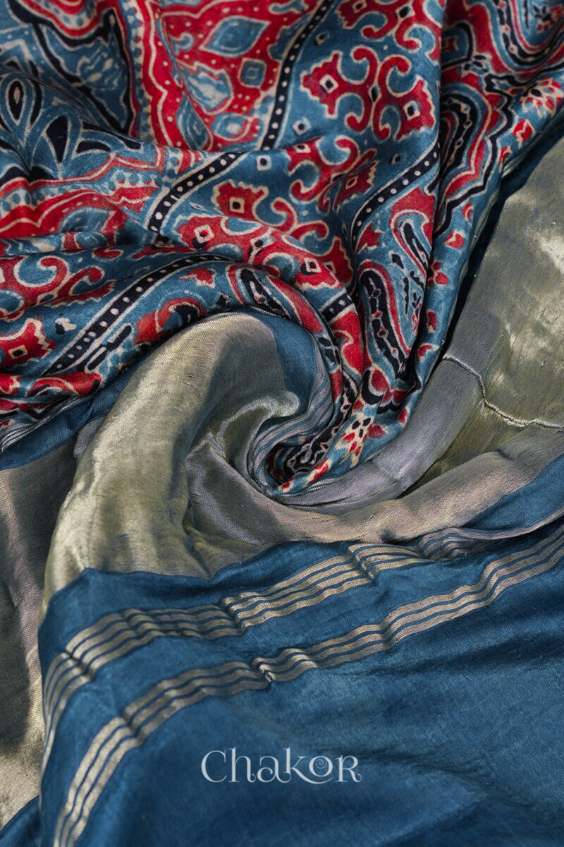 Magenta Indigo Bandhani Ajrakh Gaji Silk Dupatta in Traditional Design for Women's ethnicwear online by Chakor.