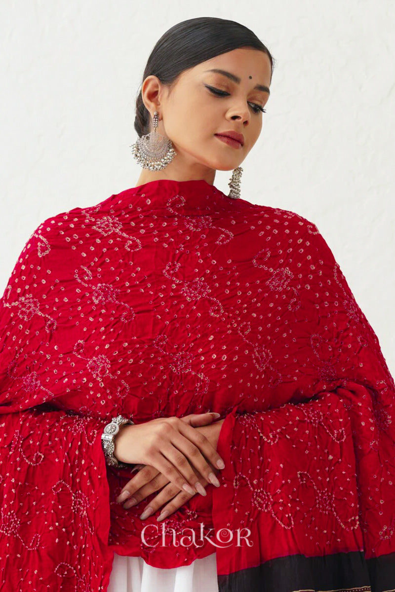 Red Black Bandhani Ajrakh Gaji Silk Dupatta in Traditional Design for Women's ethnicwear online by Chakor.