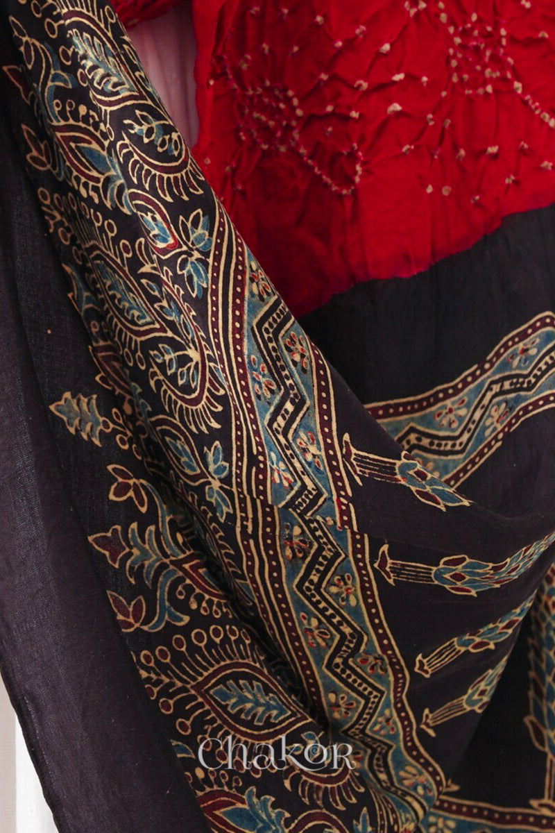 Red Black Bandhani Ajrakh Gaji Silk Dupatta in Traditional Design for Women's ethnicwear online by Chakor.