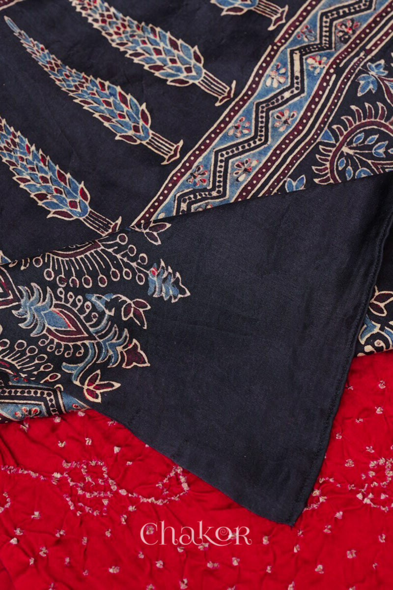 Red Black Bandhani Ajrakh Gaji Silk Dupatta in Traditional Design for Women's ethnicwear online by Chakor.