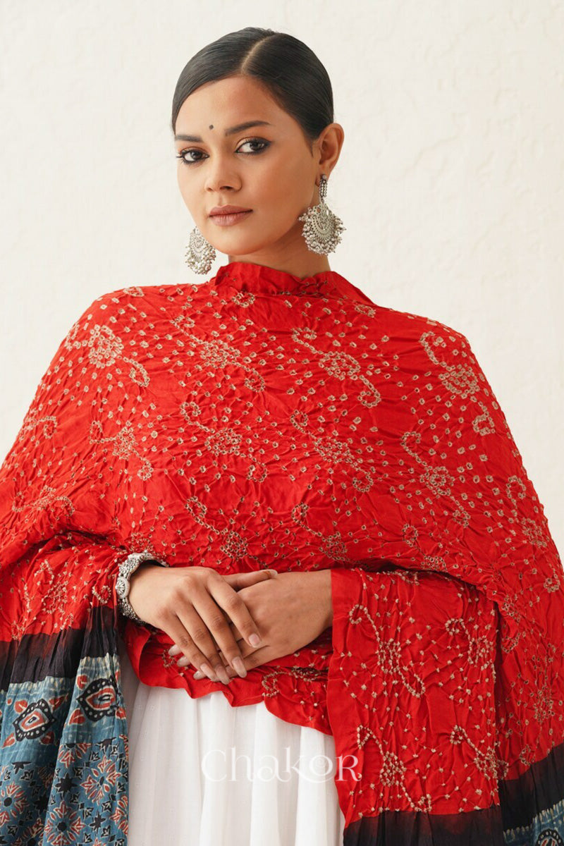Orange Indigo Bandhani Ajrakh Silk Dupatta in Traditional Design for Women's ethnicwear online by Chakor.