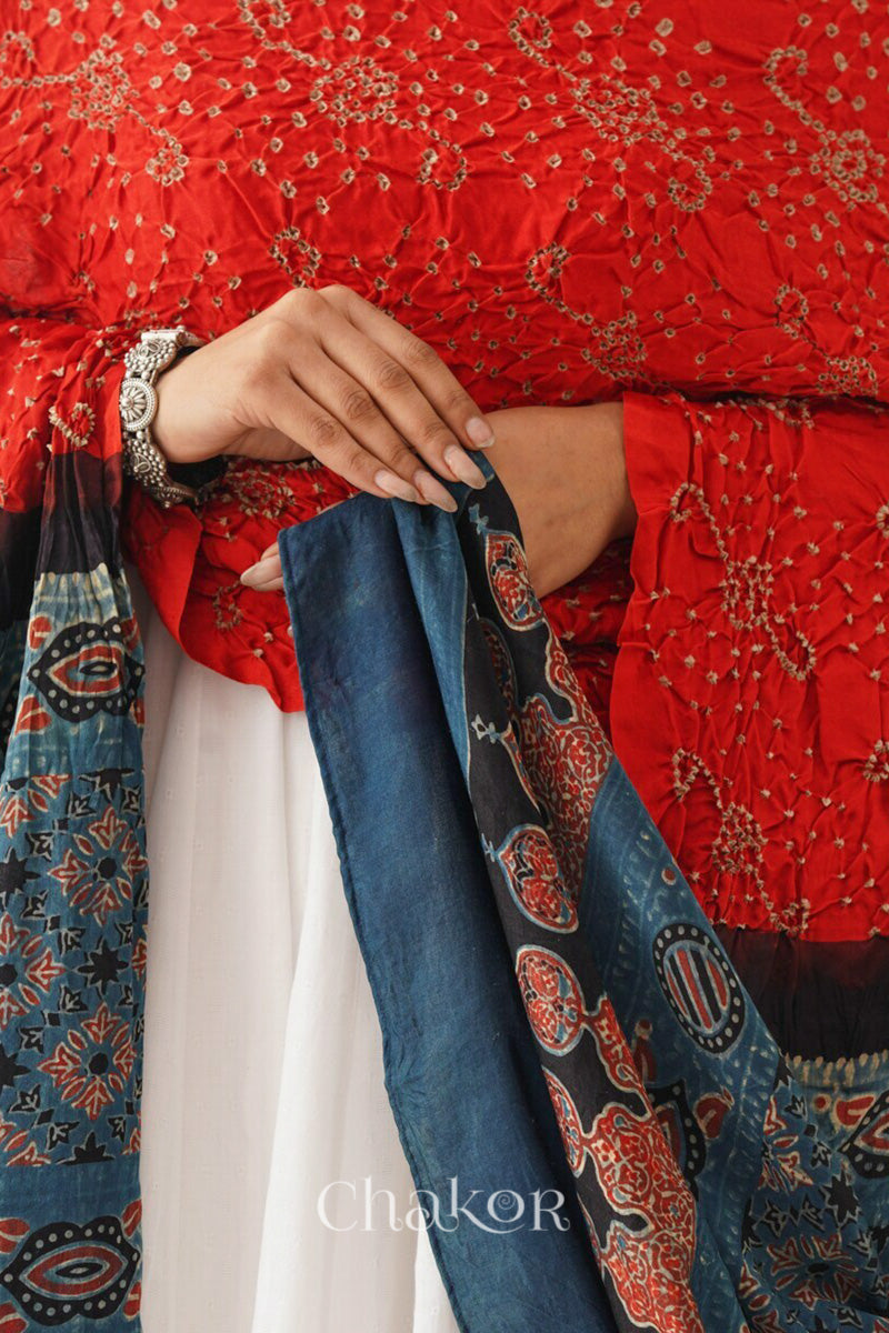 Orange Indigo Bandhani Ajrakh Silk Dupatta in Traditional Design for Women's ethnicwear online by Chakor.