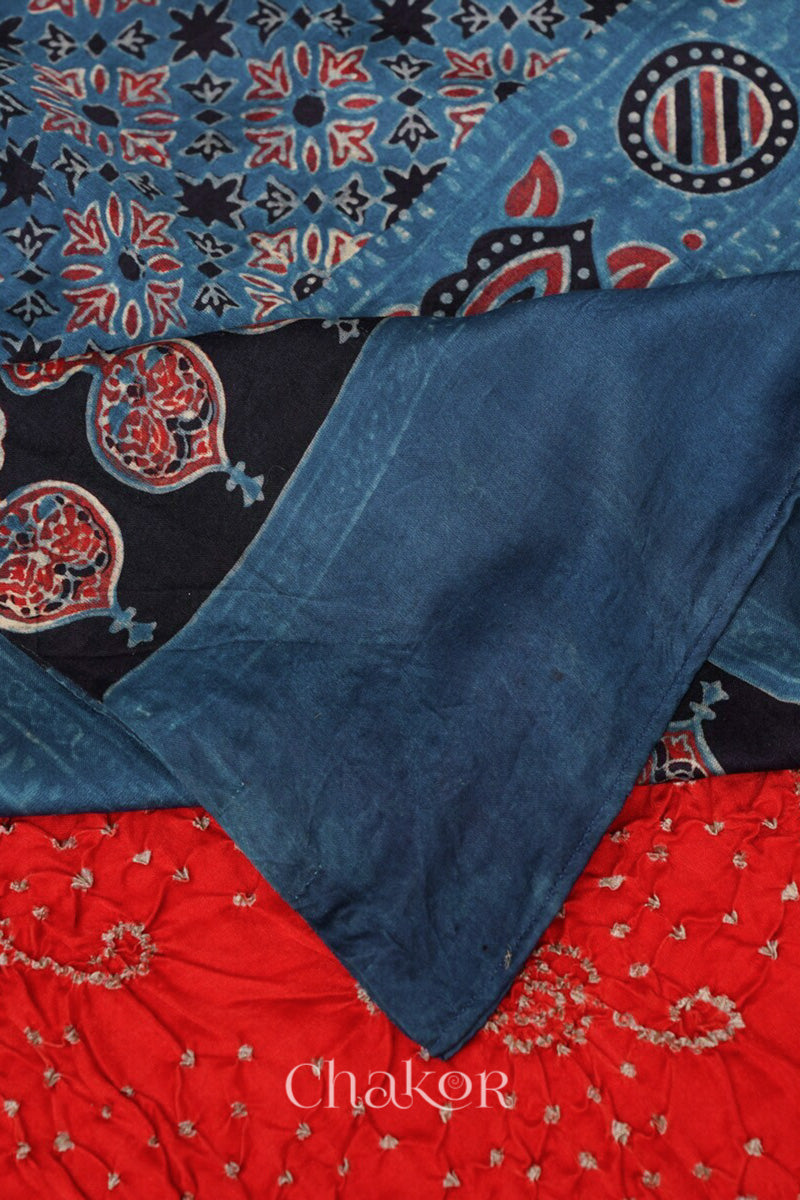 Orange Indigo Bandhani Ajrakh Silk Dupatta in Traditional Design for Women's ethnicwear online by Chakor.