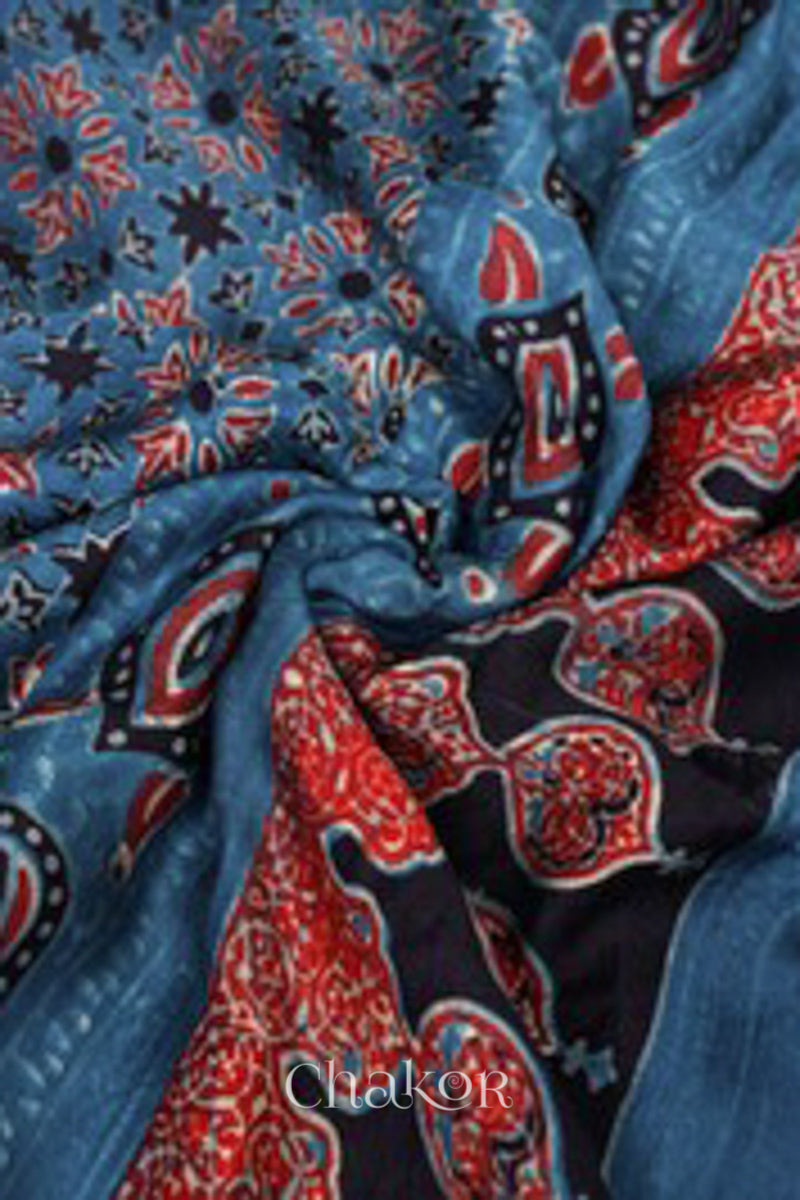 Orange Indigo Bandhani Ajrakh Silk Dupatta in Traditional Design for Women's ethnicwear online by Chakor.