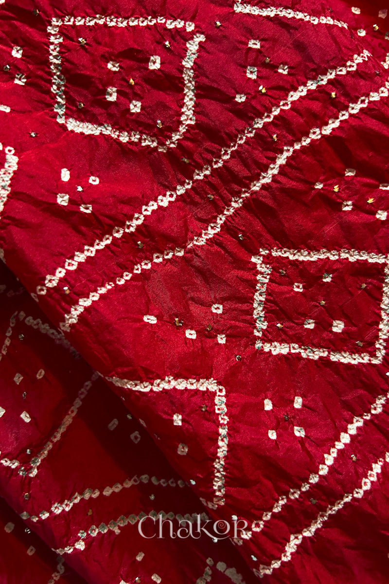 Close up  of Red Bandhani Mulberry Silk Saree, handcrafted in rai bandhej patterns with mukaish embroidery.