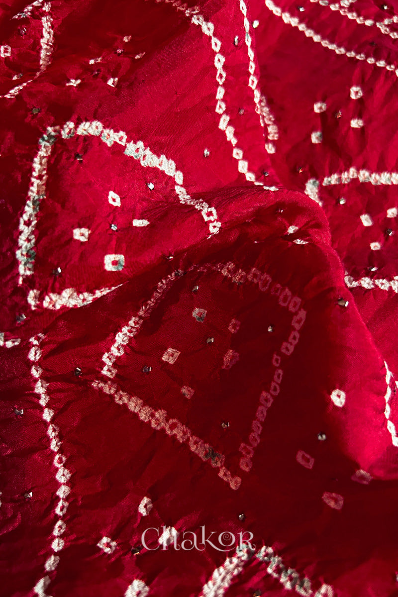 Close up  of Red Bandhani Mulberry Silk Saree, handcrafted in rai bandhej patterns with mukaish embroidery.