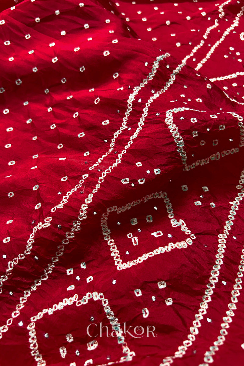 Close up  of Red Bandhani Mulberry Silk Saree, handcrafted in rai bandhej patterns with mukaish embroidery.