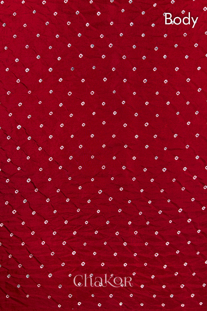 Body pattern detail of Red Bandhani Mulberry Silk Saree, handcrafted in rai bandhej patterns with mukaish embroidery.