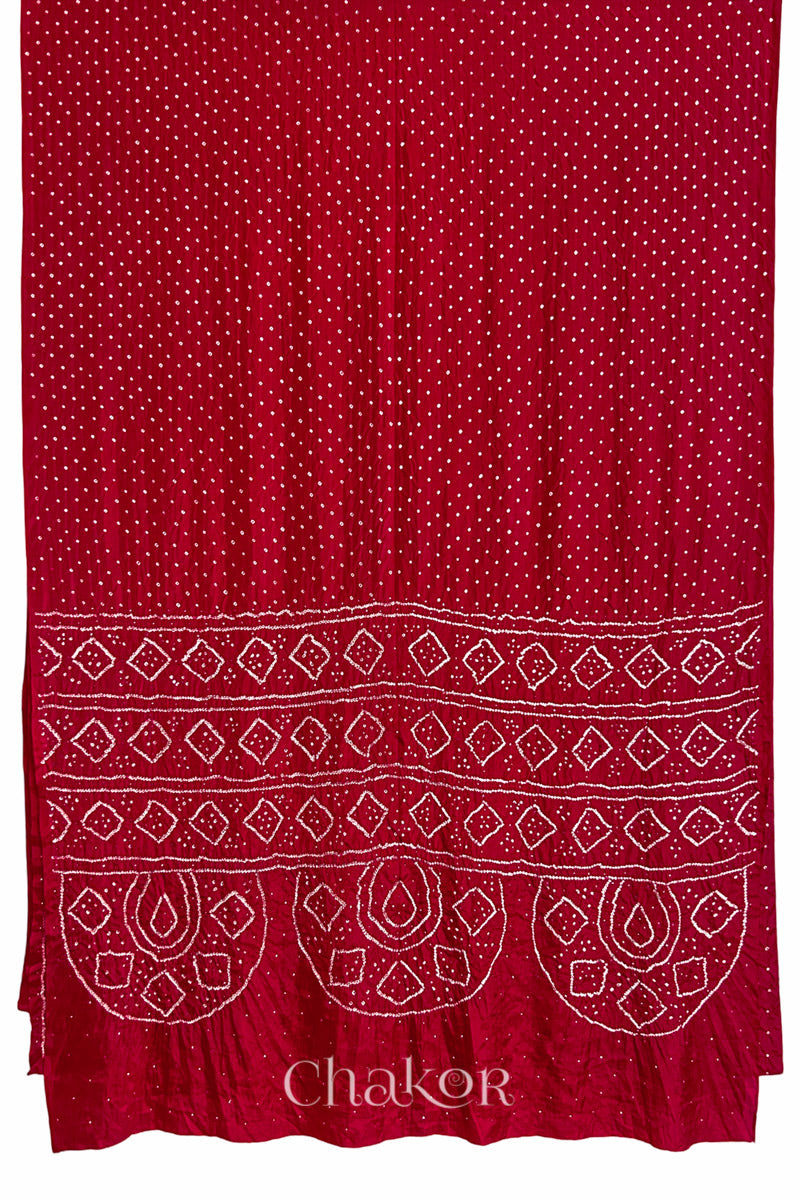 Full view of Red Bandhani Mulberry Silk Saree, handcrafted in rai bandhej patterns with mukaish embroidery.