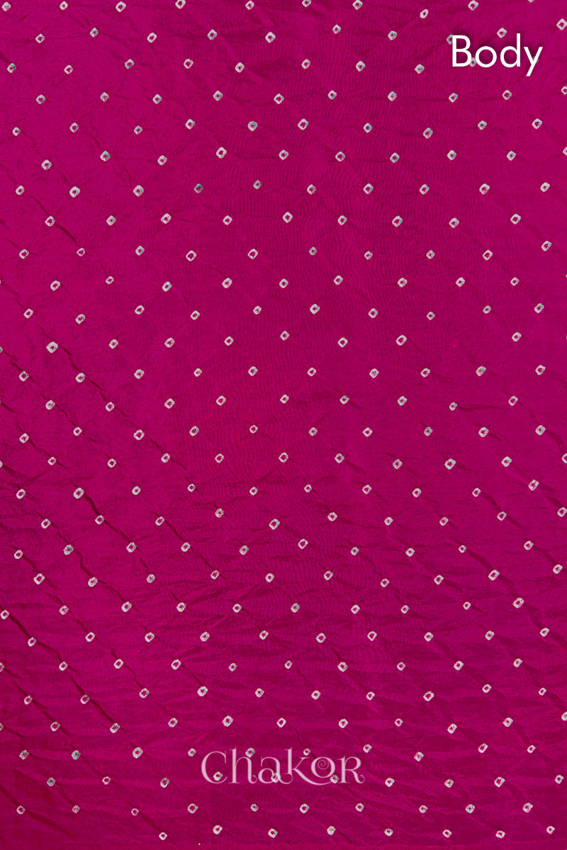 Body pattern detail of Rani pink Bandhani Mulberry Silk Saree, handcrafted in rai bandhej patterns with mukaish embroidery.