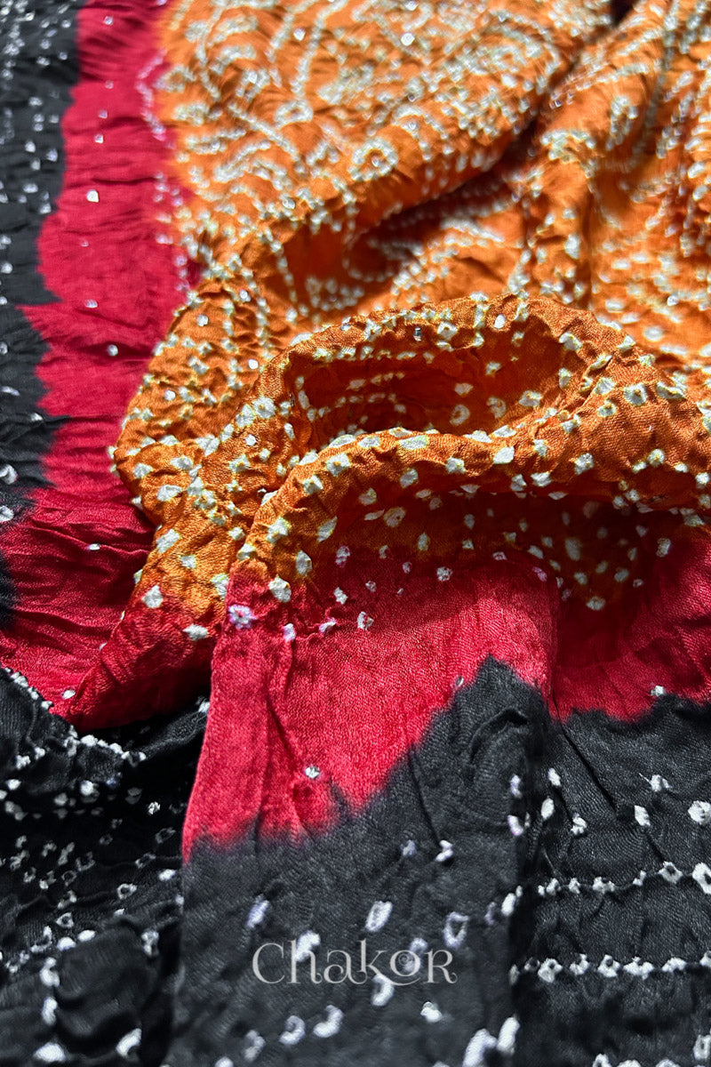 Rust Orange Black Bandhani Gaji Silk Dupatta