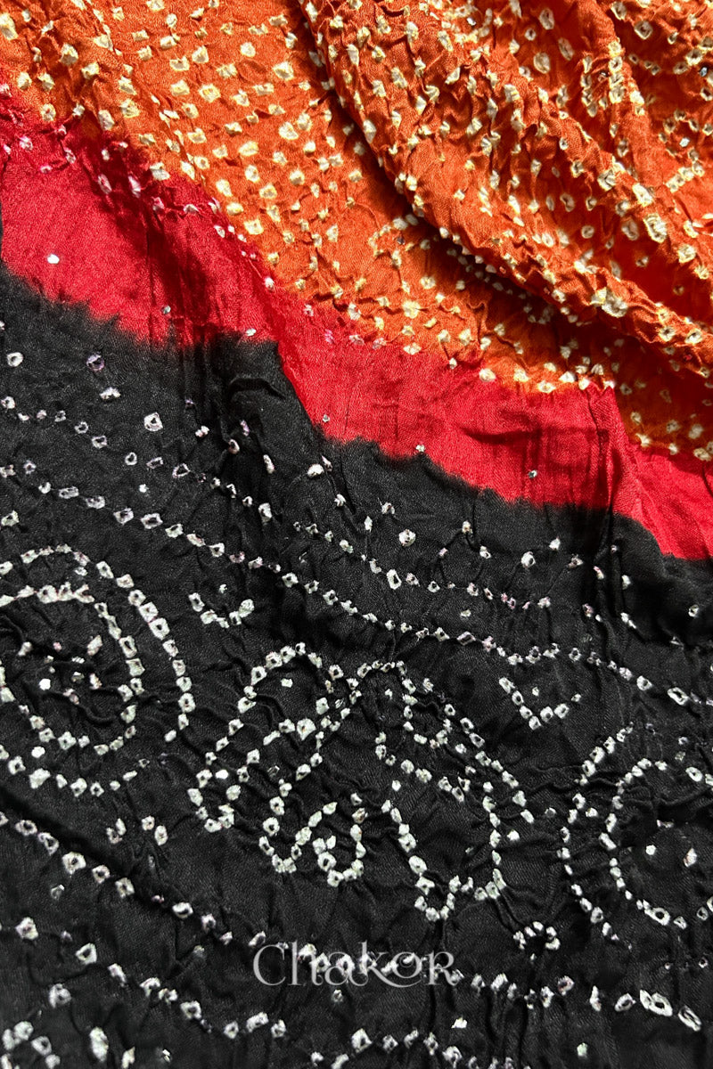 Rust Orange Black Bandhani Gaji Silk Dupatta