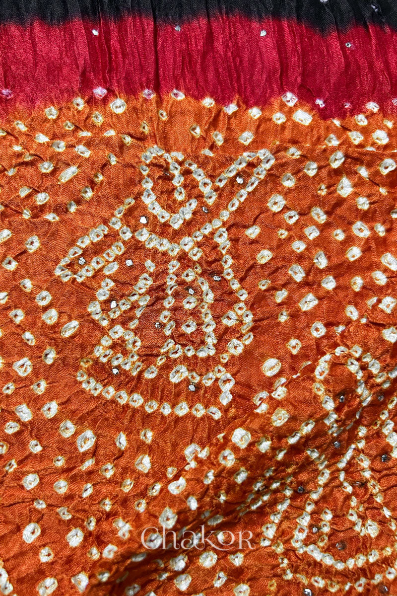 Rust Orange Black Bandhani Gaji Silk Dupatta