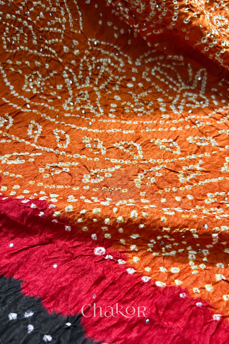 Rust Orange Black Bandhani Gaji Silk Dupatta