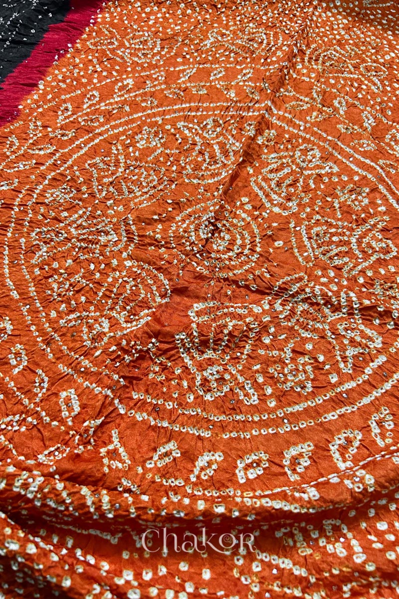 Rust Orange Black Bandhani Gaji Silk Dupatta