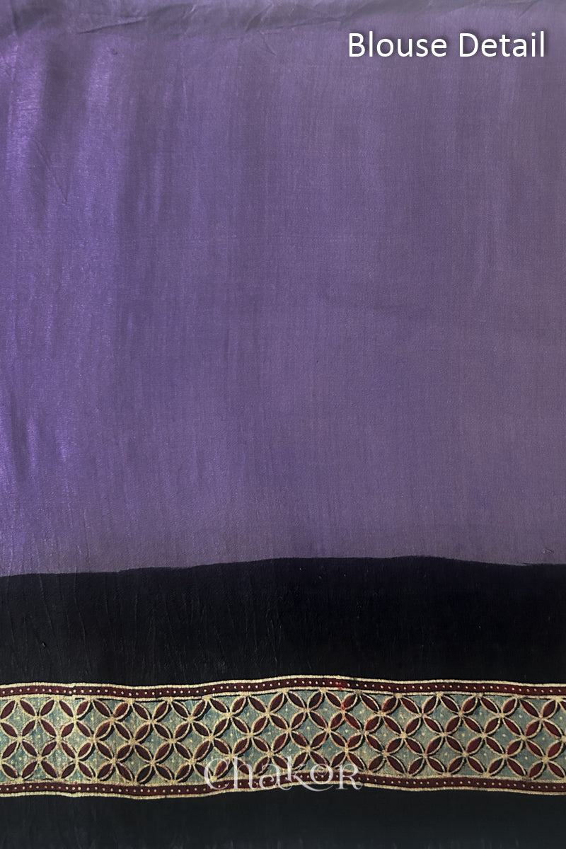 Blouse material of Mauve Bandhani Saree with Natural Black Ajrakh printed border and pallu in pure gaji silk with traditional bandhej tie-dye, handcrafted in Kutch. 