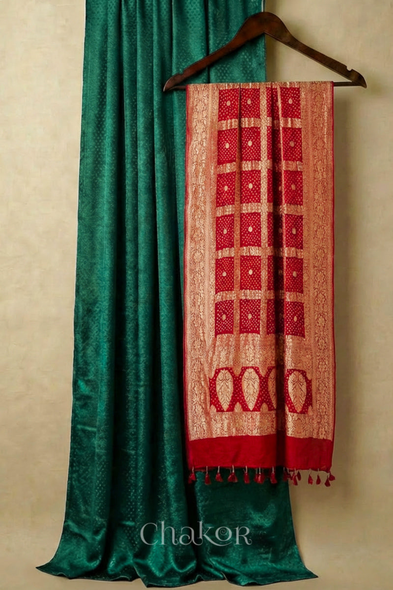 Dark Green mashru silk kurta set fabric with red bandhani banarasi pure silk georgette dupatta featuring gold zari border & gharchola design.