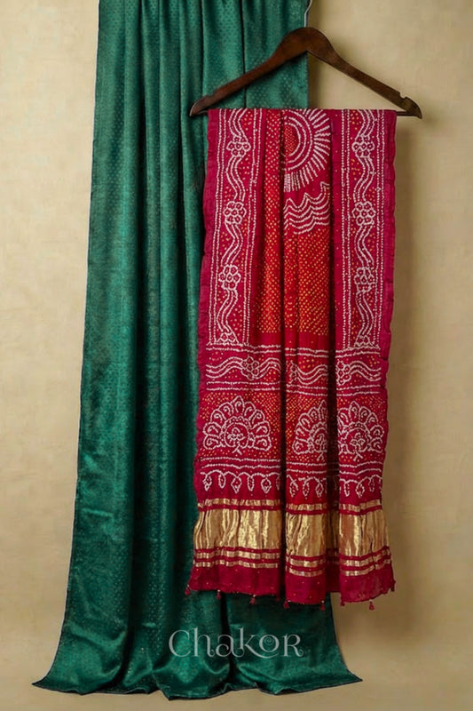 Dark Green mashru kurta set fabric with red bandhani gaji silk dupatta featuring lagdi patta pallu.