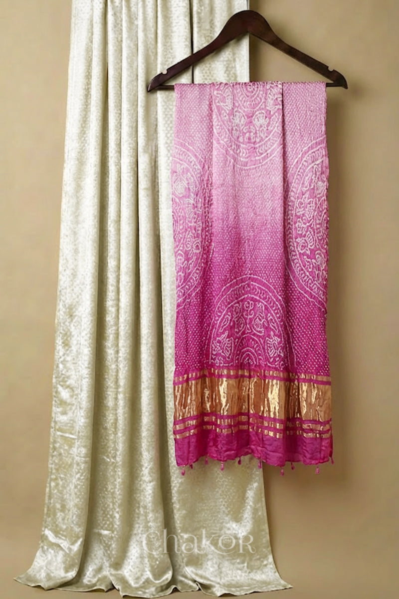 Off white mashru silk kurta set fabric with Pink ombre bandhani  gaji silk dupatta featuring zari pallu & tassels.