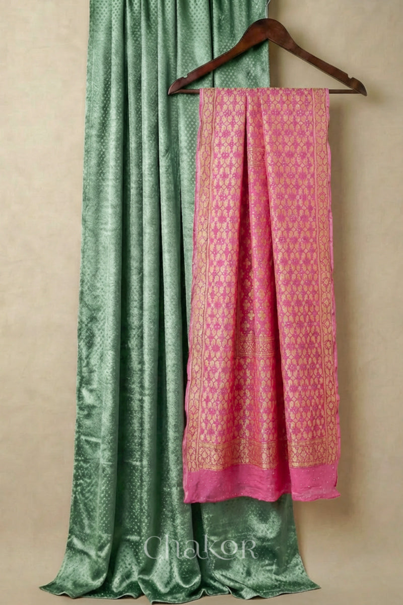 Pista Green Unstitched Mashru Silk Kurta Set  Material paired with Handcrafted Pink Bandhani pure silk dupatta.