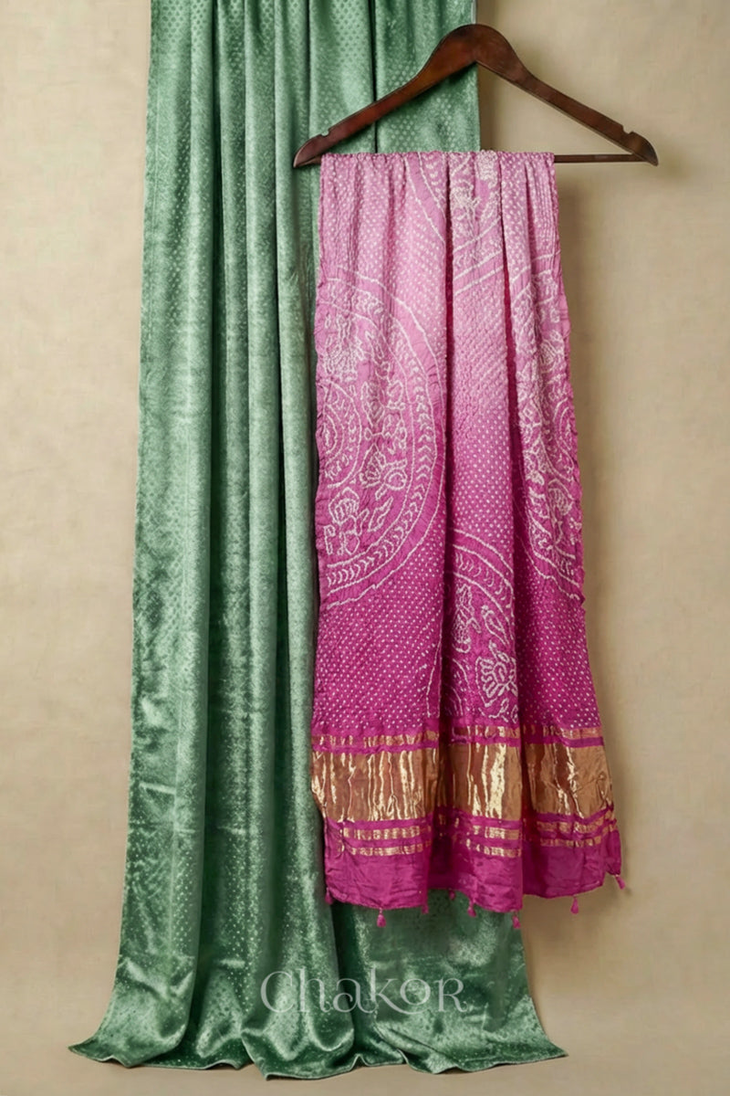 Pista Green Unstitched Mashru Silk Kurta Set  Material paired with Handcrafted Shaded Pink Bandhani Gaji silk dupatta.
