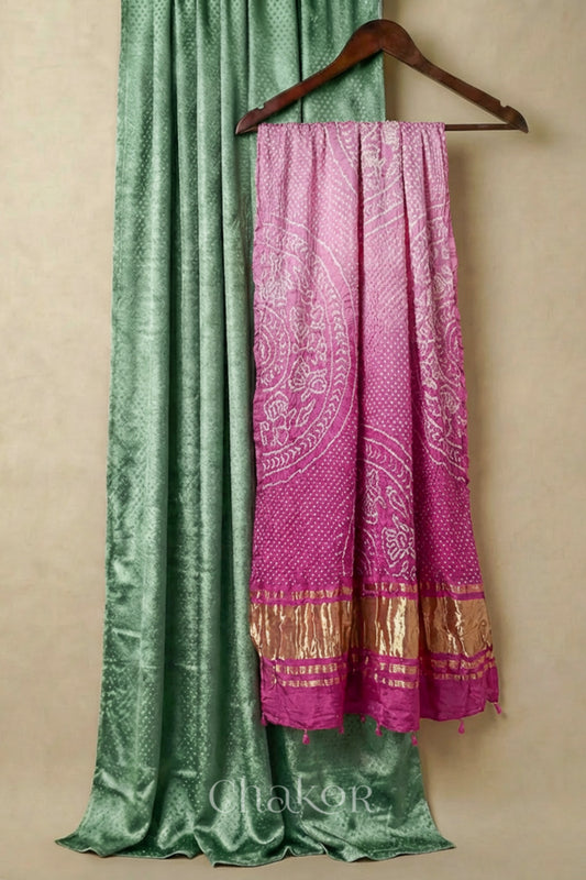 Pista Green Unstitched Mashru Silk Kurta Set  Material paired with Handcrafted Shaded Pink Bandhani Gaji silk dupatta.