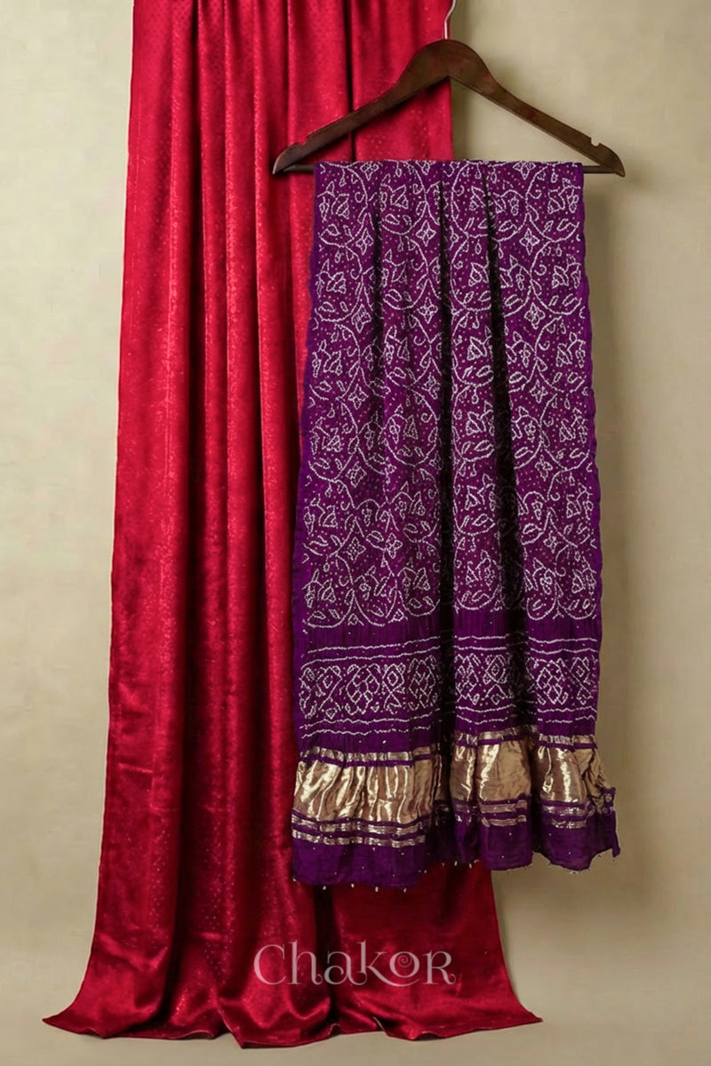 Red Unstitched Mashru Silk Kurta Set  Material paired with Handcrafted Magenta Wine Bandhani Gaji silk dupatta with traditional Shikari | Memna rai bandhej pattern.