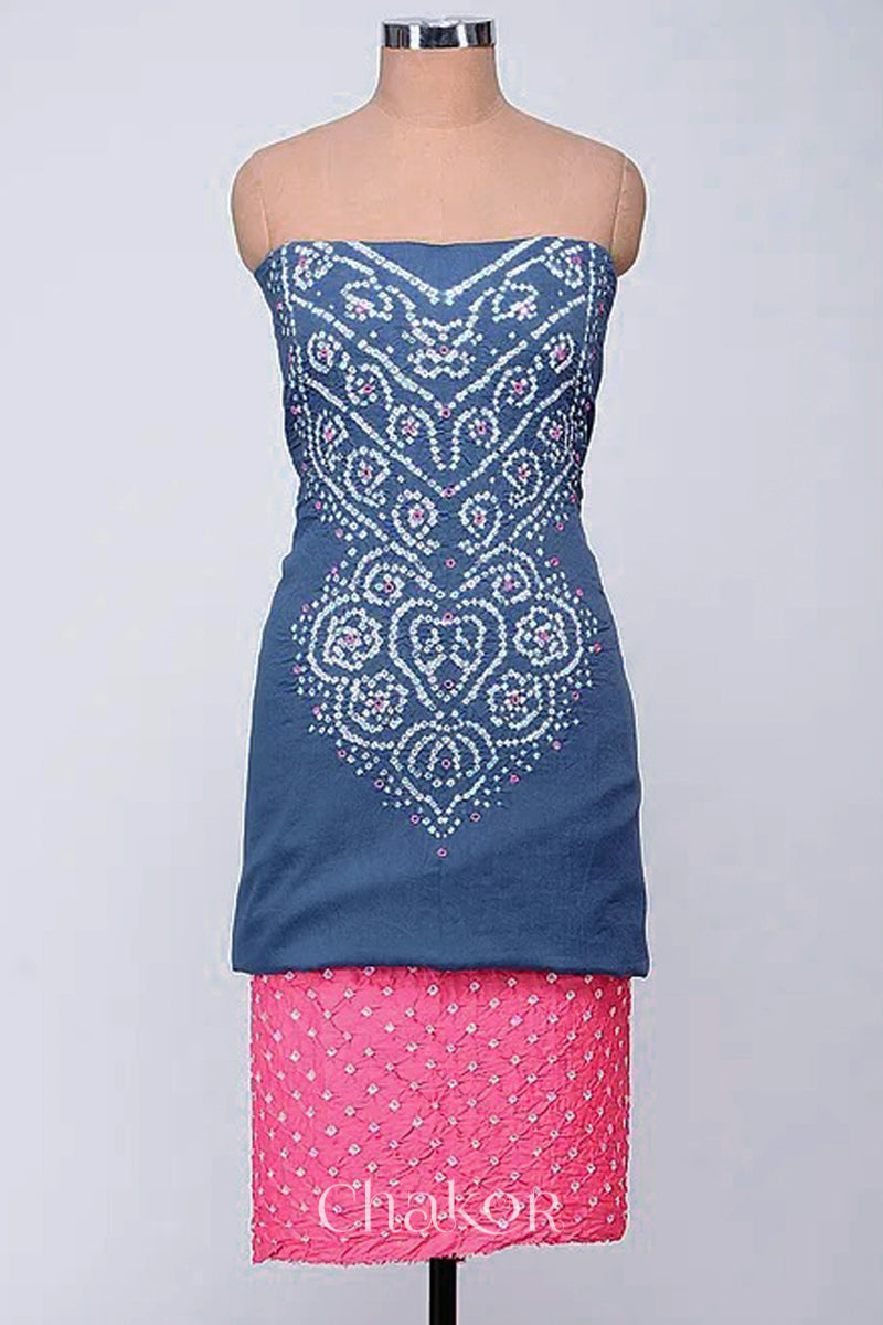 A stylish fabric featuring a blue grey mirror embroidered top, a bandhani pink bottom. Text reads Chakor.

