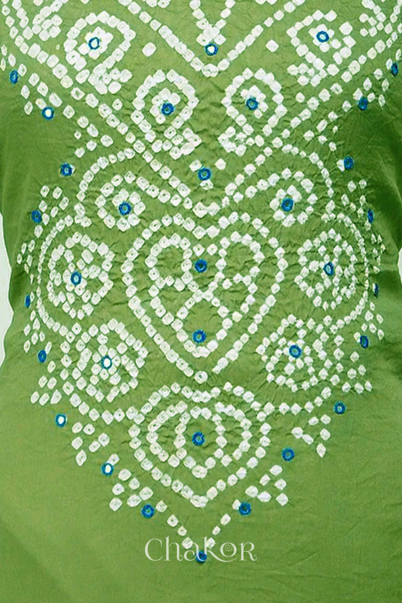 Close-up of bandhani yoke kurta fabric featuring floral & spiral tie-dye design and turquoise blue mirror embroidery, with Chakor brand logo.
