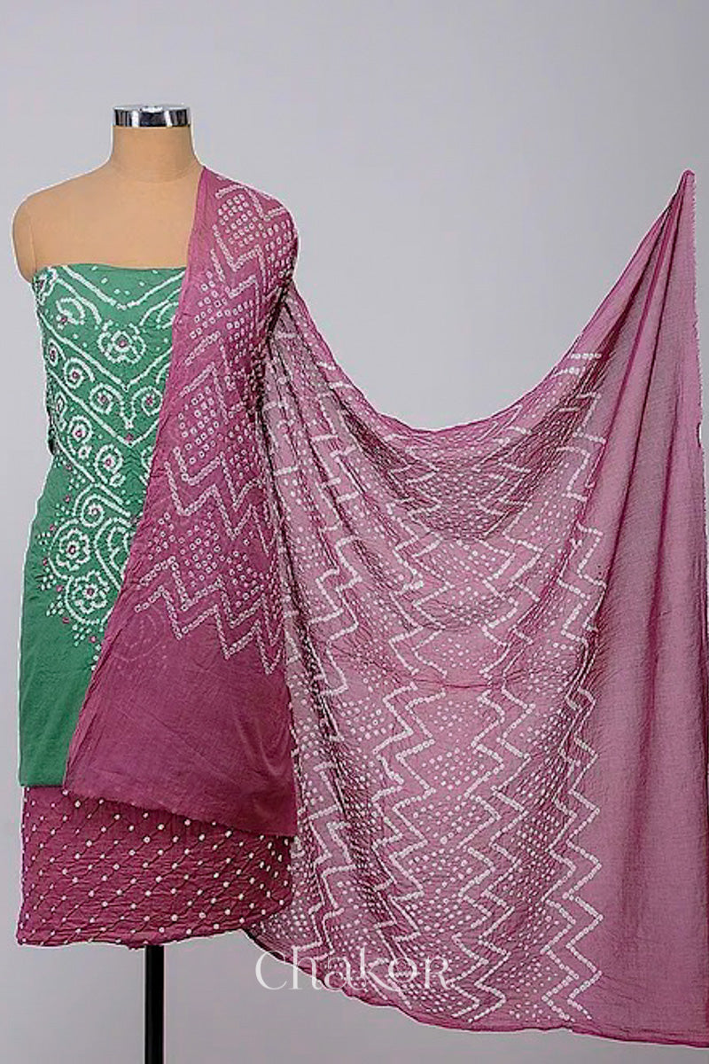 Chakor's Moss Green & Plum Pink Bandhani Cotton embroidered Kurta Fabric With Dupatta. 