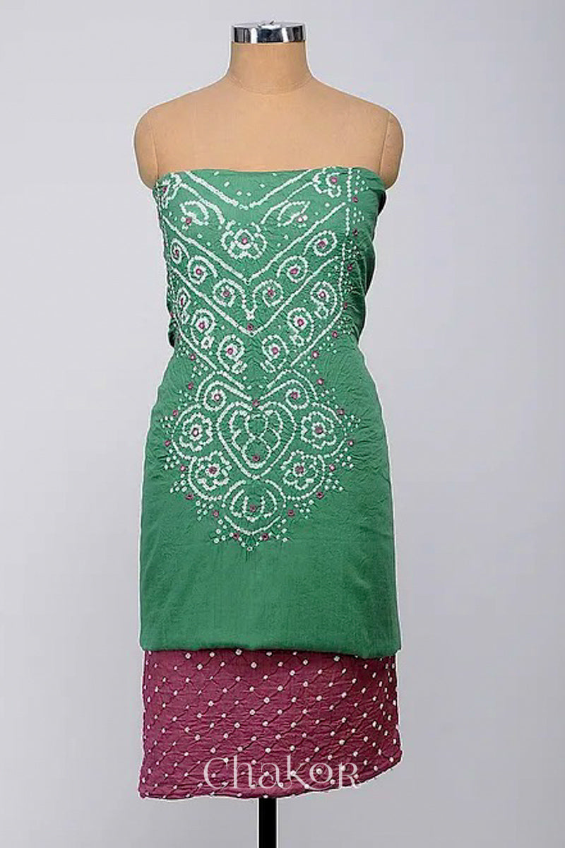 Chakor's Moss Green & Plum Pink Bandhani Cotton embroidered Kurta Fabric With Dupatta. 