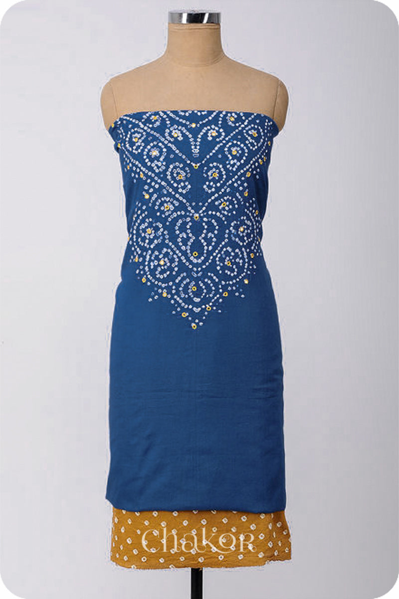 Chakor's Indigo Blue & Mustard Bandhani Cotton embroidered Kurta Fabric With Dupatta. 