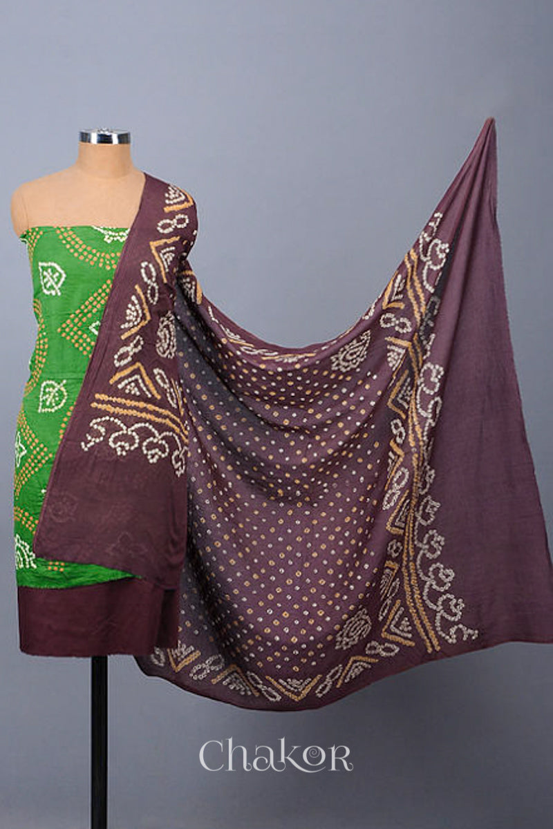 Chakor's Mehendi Green & Brown Bandhani Cotton embroidered Kurta Fabric With Dupatta. 