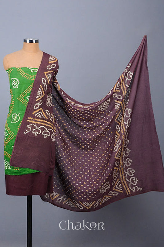 Chakor's Mehendi Green & Brown Bandhani Cotton embroidered Kurta Fabric With Dupatta. 