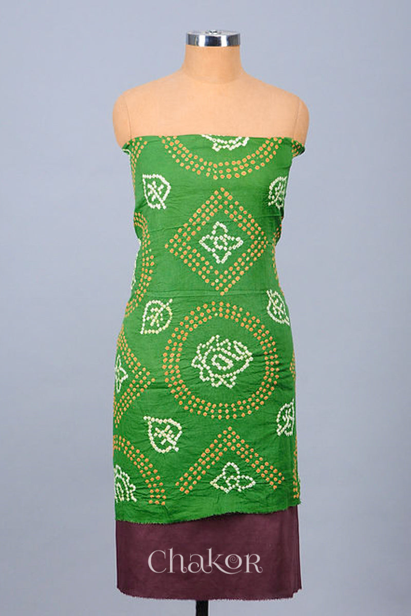 Chakor's Mehendi Green & Brown Bandhani Cotton embroidered Kurta Fabric With Dupatta. 