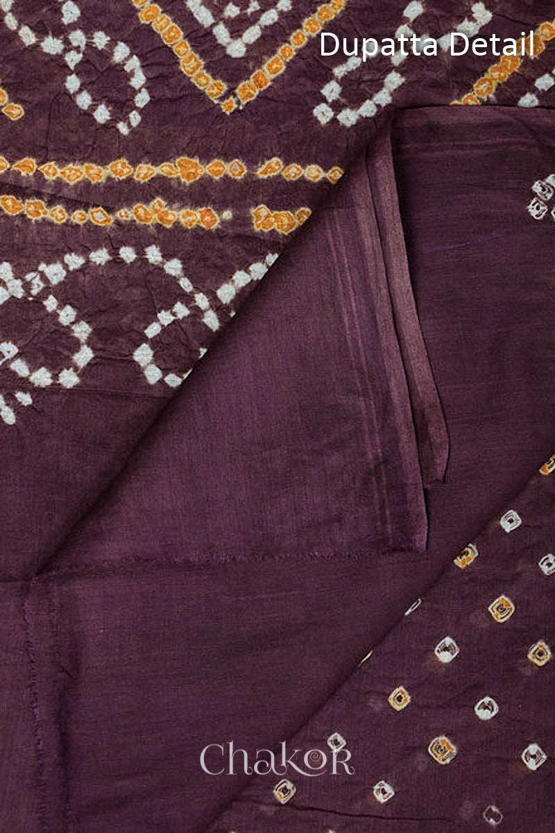 Chakor's Mehendi Green & Brown Bandhani Cotton embroidered Kurta Fabric With Dupatta. 