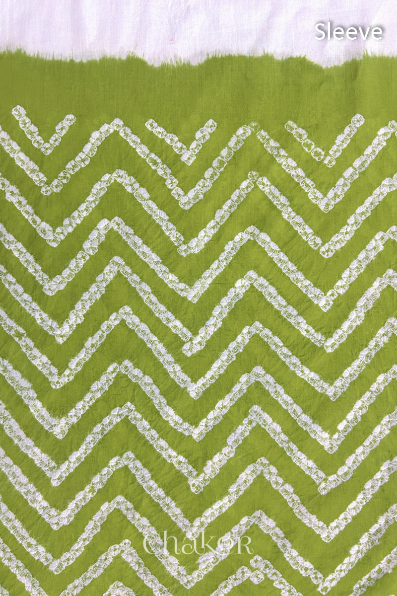 Close-up of Lime bandhani fabric featuring chevron tie-dye design, with Chakor brand logo. Text reads sleeve details.