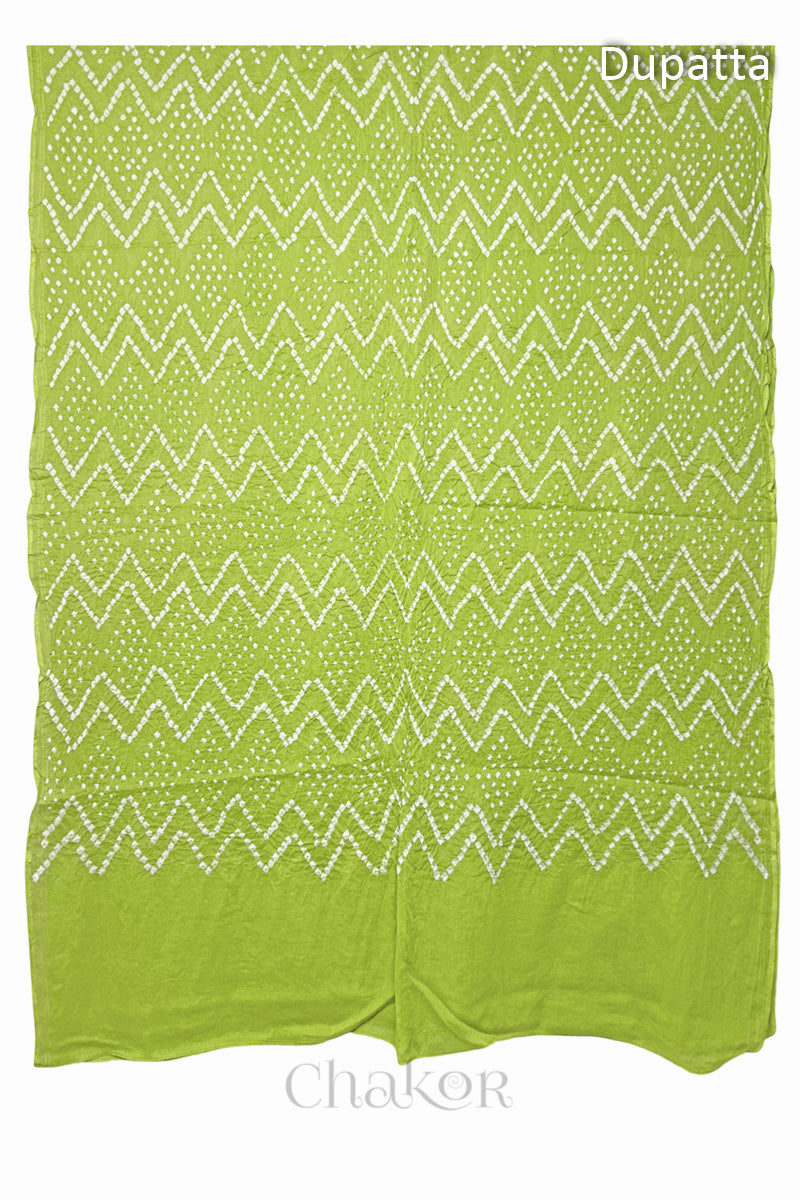 Full view of the Lime dupatta from the kurta set with intircate zigzag bandhani patterns,  with Chakor logo. The design showcases artisanal craftsmanship.