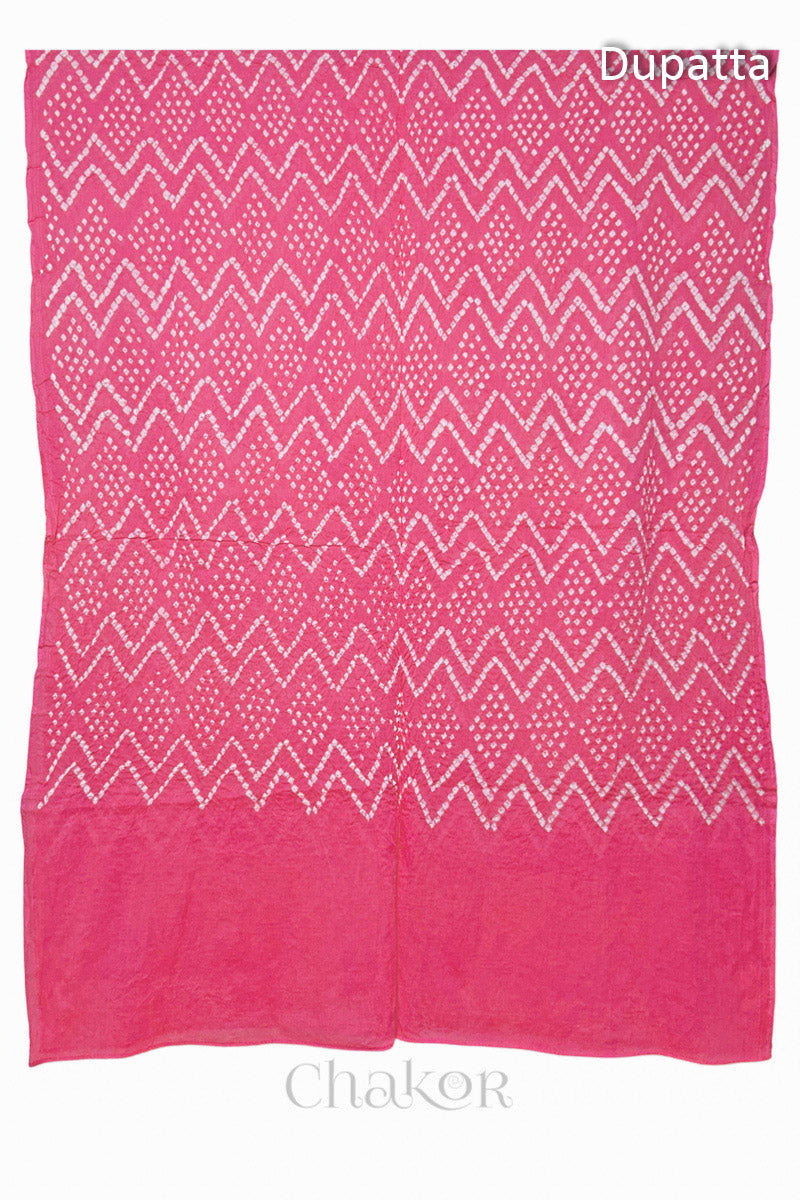 Full view of the dupatta from the kurta set with intircate zigzag bandhani patterns,  with Chakor logo. The design showcases artisanal craftsmanship.