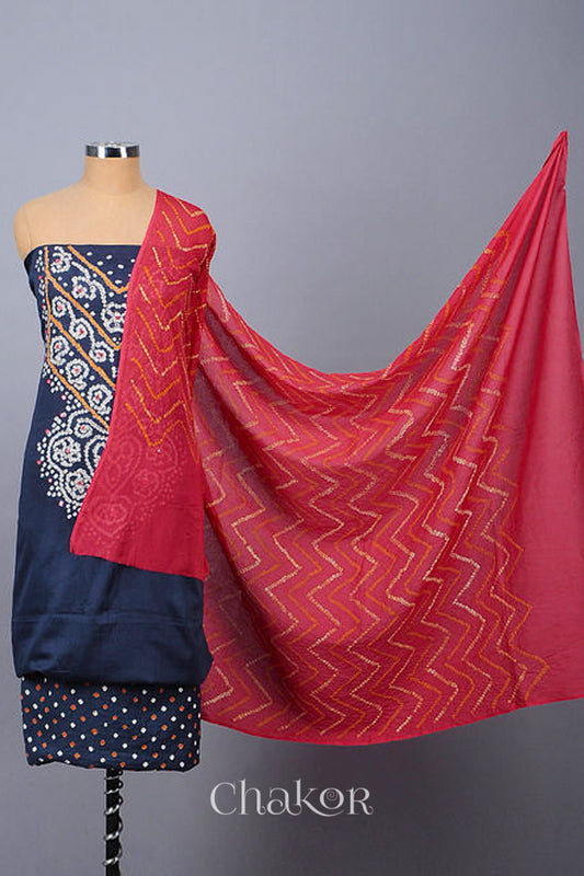 Chakor's Charcoal Grey & Pink Bandhani Cotton embroidered Kurta Fabric With Dupatta. 