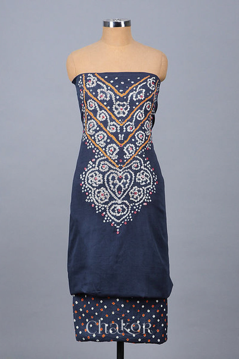 Chakor's Charcoal Grey & Pink Bandhani Cotton embroidered Kurta Fabric With Dupatta. 